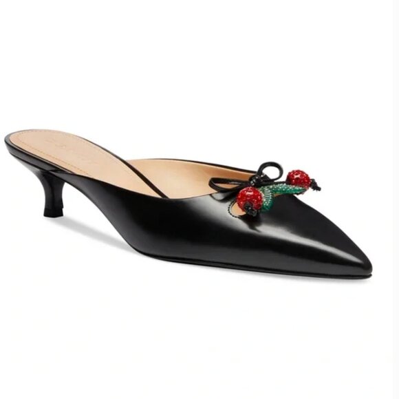 COACH Runway Leather Cherry Ornament Kitten Heel Mules Black Bow-Trim NEW 6.5 - Picture 1 of 12